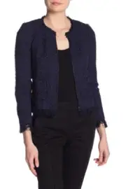Rebecca Taylor Fringe Trim Tweed Blue Jacket Size 10 L90511