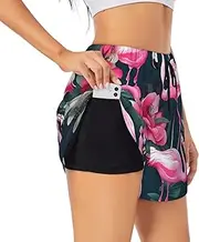 [GaxfjRu] Flamingo Floral Printed Print Women's Running Shorts High Waisted Running Shorts Pocket Sporty Gym Elastic Short