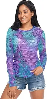 [RPLIFE] Blue Purple Watercolor Texture Long Sleeve Fishnet Top, Sheer Top Long Sleeve S-XXL