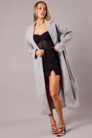 Grey Long Coat Long Sleeve Tie Front - Size 10, Women's Coat
