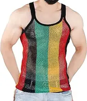 [Clossy London] 100% Cotton Rasta String Mens Vest Mesh Fishnet Shirts Jamaican Marina Fitted Striped Adults Sport Tank Top Suitable for Gym