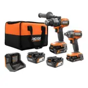 RIDGID Hammer Drill + Impact Driver Kit 18V Brushless w/ 4 Batteries + Tool Bag