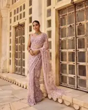 Lavender Embroidered Mono Net Saree with Blouse Piece For Women, Sequins Work