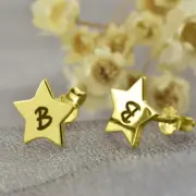 Solid Metal Men's Shiny Star Letter Earing 14k Yellow Gold Plated Silver