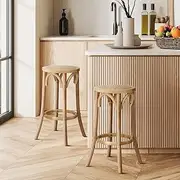 Oikiture Wooden Bar Stool 2pc Kitchen Vintage Barstool Rattan Dining Chair Wood