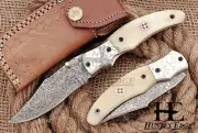 HUNTEX Handmade Damascus Blade, Camel Bone Handle, 100 mm Companion Pocket Knife