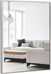Clean Large Modern Brushed Nickel Frame Wall Mirror | Contemporary Premium Silver Backed Floating Glass | Vanity, Bathroom | Metal Frame Mirrored Rectangle Hangs Horizontal or Vertical (30" x 40")