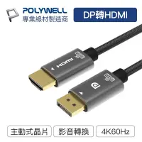 在飛比找蝦皮購物優惠-【POLYWELL】DP轉HDMI 訊號轉換線 / 4K60