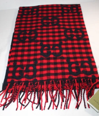 NWT Gucci Red Black Diamond Check GG Logo Scarf Wool Blend 240 x 35