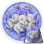 Adorable Cute Three White Kittens on Purple Round Beach Towel