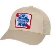 Pabst Blue Ribbon Square Logo Patch Adjustable Trucker Hat Beige