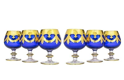 Set of 6 Interglass Italy Crystal Glasses - Cobalt Blue Italian Brandy Snifters