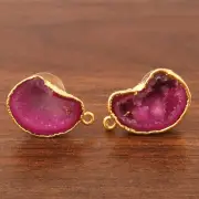 Dainty Pink Natural Geode Druzy Gold Electroplated Women Stud Earring Connector