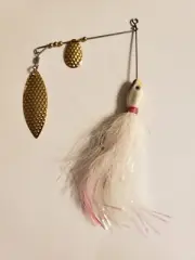 SPINNERBAIT 1oz MUSKY BASS WHITE BUCKTAIL MUSTAD HOOK TANDEM DIAMOND GOLD BLADES