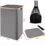 Square Bamboo Laundry Hamper Basket Flip-Top Lid Grey Canvas Bathroom Storage