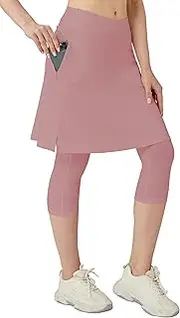 [HOKOYI] Women 20" Athletic Knee Length Skirt with Leggings Attached Modest Skirted Capris Zipper Pockets