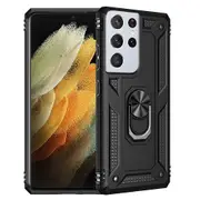 For Samsung Galaxy S21 Ultra Case, Military Grade 360 Degree Rotating Metal Magnetic Ring Car Mount Holder Kickstand Shockproof Heavy Duty Cover (Black)