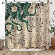 Fungarth 84 Inch Extra Long Vintage Green Nautical Octopus Shower Curtain Mermaid Funny Ocean Kraken Shower Curtains for Bathroom Cool Coastal Map Waterproof Fabric Bath Curtain (Retro2, 72” x 84”)
