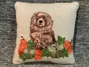 Pier 1 Imports Harvest Embroidered Reggie the Dog Pumpkin Pillow 12" x 12" NWT