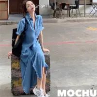 在飛比找蝦皮購物優惠-MOUCHU韓國牛仔襯衫連衣裙女寬鬆顯瘦短袖中長裙溫柔風裙子