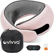 Vivva 4pc Travel Neck Pillow Set, 100% Memory Foam, 360° Neck Shoulder Support Stowable Pillows for Sleeping Airplane Travel Kit with 3D Contoured Eye Masks, Earplugs, and Storage Bag Washable (Pink)