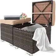 SUNNYMALL 2-Pieces Patio Rattan Ottomans，All-Weather Rattan Wicker Multipurpose Outdoor Furniture for Patio, Backyard, Additional Seating, Footrest, Side Table w/Storage, Removable Cushions (Brown)