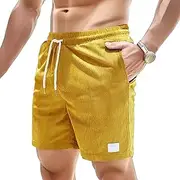 [JEShifangjiusu] Men's Side Pockets Drawstring Shorts Elastic Waist Cargo Straight Pants Short Wide Leg Pants, Yellow A1, M