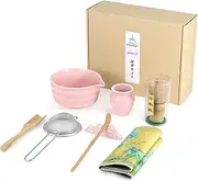 8 PCS Matcha Set, Premium DIY Ceramic Matcha Whisk Set with Bamboo Whisk, Matcha Scoop, Easy-Clean Pink Matcha Set, Gift for Matcha Lover and Beginners