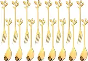 Stainless Steel Gold Leaf Dessert Forks and Spoons Set - Elegant Mini Leaf Design for Cake, Fruit, Appetizers, Salads - Perfect for Weddings, Cocktail Parties and Home Use (8 Forks + 8 Spoons)