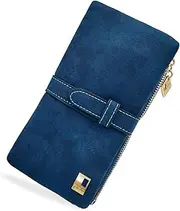 [FuninCrea] Ladies Purse Long PU Leather Frosted Women Wallets with Multiple Slots and Zipper Coin Puese, Womens Purse Large Ladies Wallet Bifold Purses for Women with Transparent Window, Blue, L