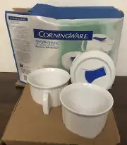 NEW CorningWare French White Pop-Ins White Two 22 Oz Mugs With Vented Covers