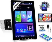 10.1 Inch Single Din Vertical Touchscreen Car Stereo with Wireless CarPlay Android Auto, Motorized Rotating Screen Car Radio with Mirror Link WiFi Bluetooth FM EQ SWC Backup Camera