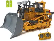 Think-N-Build Dirty Bulldozer Construction Vehicle Toy for Kids: 9-Channels Remote Control, Metal Dozer Blade and Looseners, Dual Rechargeable Batteries, Realistic Sounds, Lights, Heavy Duty Truck