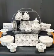 Elegance 24 Piece Black & White Gypsy Skull Tea Set w/Silver Display Holder New!