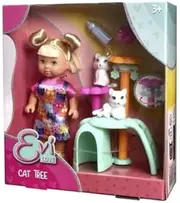 SIMBA 105733997 Evi Love Cat Tree, Toy Doll in Cute Cat Dress, with Cat Tree, 2 Cats and Many Accessories, 12 cm, from 3 Years
