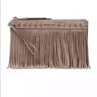 Michael Kors Beige Suede Fringe Clutch Zip Close Wrist Strap