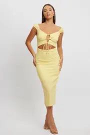 Yellow Bodycon Dress Textured Midi - Size 6, Women's Bodycon Dress