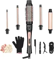 5-in-1 Curling Iron with Curling Brush Ceramic Curling Iron Set Multifunctional Interchangeable Ceramic Coating Curling Iron Attachments Large and Small Curls Set (9-32 mm) with Glove