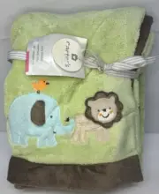 NWT Carter's Cozy Baby Blanket Green Brown Trim Embroidered Elephant Lion 2013