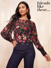 Friends Like These Red Floral Long Sleeve Cuff Detail Chiffon Blouse (F11983) | $50