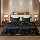 Black Satin Sheets Queen - Luxurious 4-Pcs Silk Sheets Queen Size Bed Set - B...