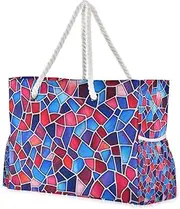 [Yoogain] Red and Blue Geometric Pattern Stained Glass Style Sandproof Tote Bag Travel with side pocketes Large Beach Bag for Travel Gym Vacation, Red and Blue Geometric Pattern Stained Glass Style, 1