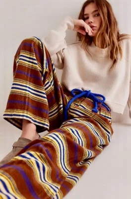 Free People Preppy Plaid Pull On Trousers Pants Flannel Tie Brown Blue M NWT