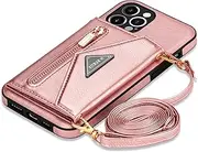 iPhone 13 Pro Max Case with Strap, iPhone 13 Pro Max Mobile Phone Case, Leather Cover Flip Case Zip Shockproof Protective Case Magnetic Aesthetic Girls Mobile Phone Case with Chain Neck (Pink)