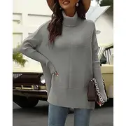 Women's Sweater Pullover Fashion Soft Solid Color Ribbed Turtleneck Knitted Split Long Sleeve Regular Tops Knit Holiday Going out Weekend Navy Blue Dark Green