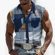 Men's Color Block Denim-like Shirt Western Shirt Cowboy Shirt Sleeveless Western Style Outdoor Work Causal Summer Spring Turndown 3D Print Front Two Pockets Bu