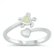 Turtle & Heart Ring Sterling Silver 925 White Lab Opal Face Height 10 mm Size 6