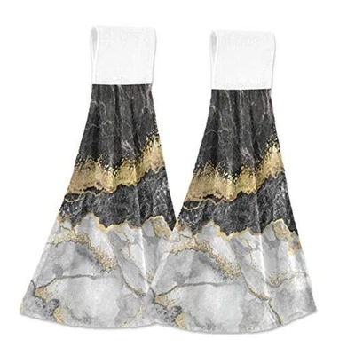 Kitchen Hand Towel Foil Hanging Tie Towels 2 Pieces Black White Marble Gold