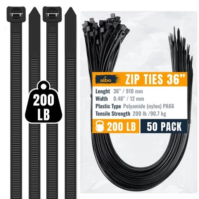 Black Zip Ties 36 Inch Plastic Cable Ties 50 Pack Tie Wraps Heavy Duty 200lb ...
