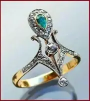 Art Deco 2CT Pear Cut Lab-Created Emerald Ring 14K Two Tone Gold Finish Ring